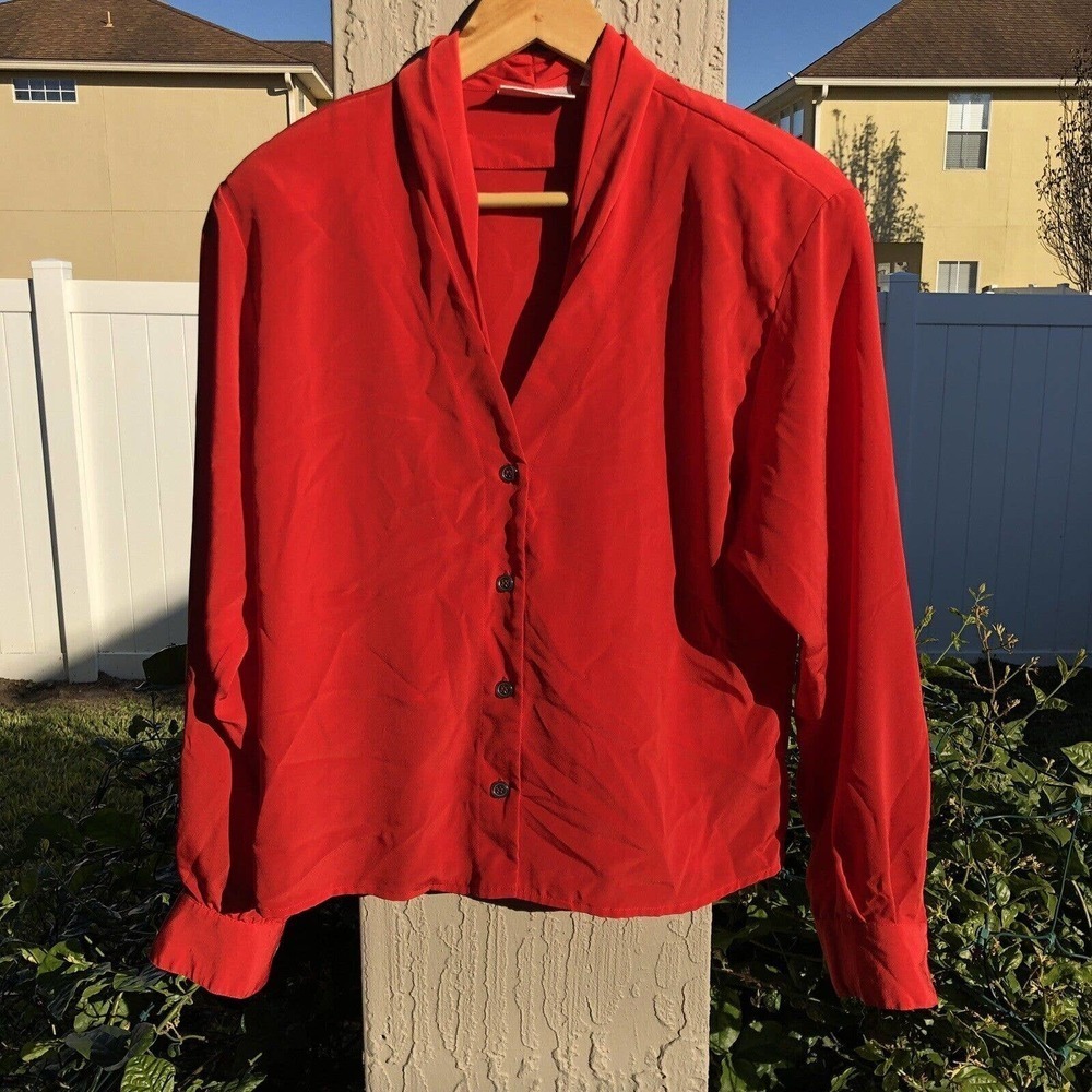 Liz Claiborne Collection Vtg Long Sleeve Blouse Button Down Shirt Red Top 8
